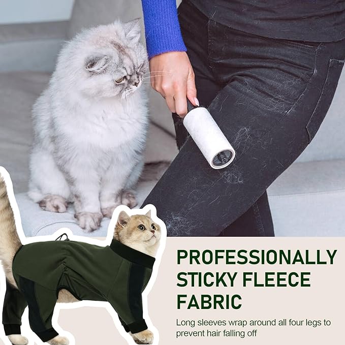 Cat Pajamas for Cats Only, Sticky Hair Cat Clothes, Long Sleeve Sphynx Clothes, Anti-Licking or Skin Disease Recovery Suit for Female Cats, Kitten Onesie Pajamas, ArmyGreen, L