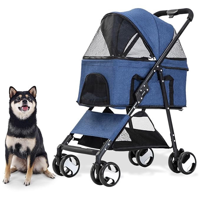 Critter Sitters Pet Stroller with Storage Basket, Single Carriage Carrier for Animals up to 33 lbs., 4-Wheel, Travel and Transportation for Cats, Small Dogs, Blue