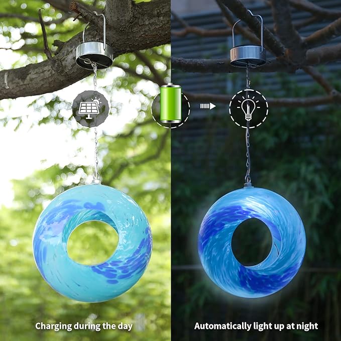 VCUTEKA Bird Feeder Solar Fly Through Birds Feeders for Outside Hanging with Round Shape Glass Container to Attract More Wild Birds for Garden Decor, Solar Birdfeeder as Gift for Bird Lovers, 8-Inch