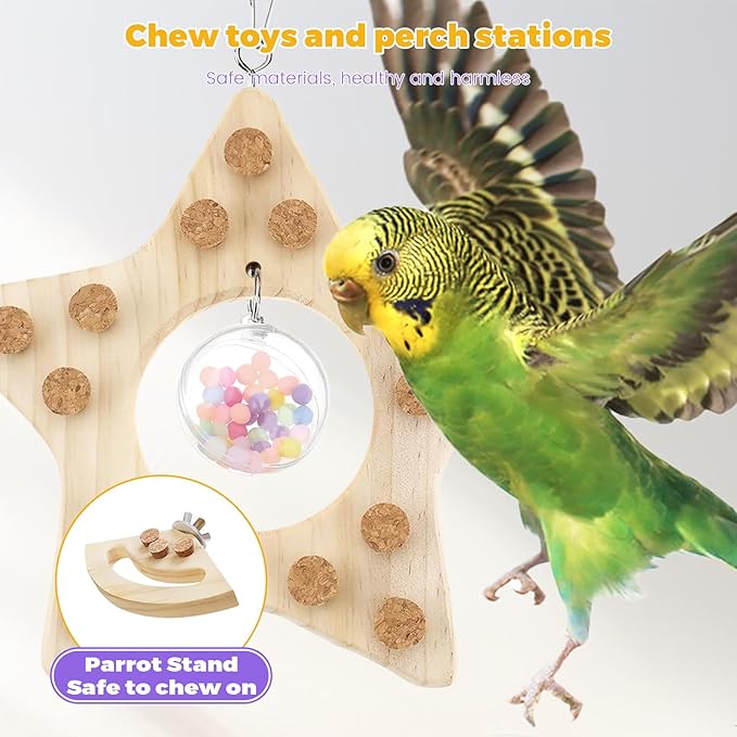 2 Pcs Bird Chew Toy Wooden Foraging Toys, Hanging Wooden Puzzle Foraging,Parrot Cork Stopper Toys Birds Feeding Toy,2 Pcs Bird Cage Food Holder Fruit, for Small and Medium Parrots(A)