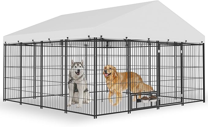 10 x 10 Large Dog Kennel Outdoor - Outside Dog Kennel with Roof, Covered Dog Kennels with Feeding Door and Double Lock, XL Outside Dog Cage for Large Dogs