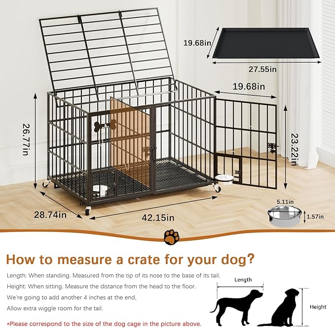 Dosker 42 inch Heavy Duty Metal Dog Crate with Divider for 2 Dogs/Large Dog, All Metal Open Top Escape Proof Cage, Indoor Dog Kennel with Wheels, Floor Grid, Tray, Feeding Bowl