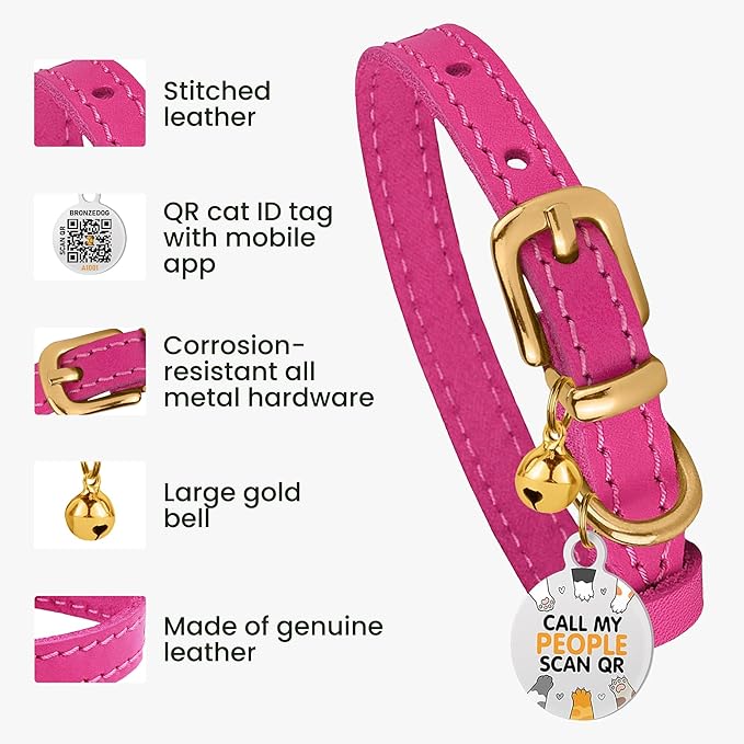 BRONZEDOG Leather Cat Collar with Removable Bells Non Breakaway Kitten QR Tag for Girl Boy (9" - 12" Cats/Mini Dogs, Pink & Gold)
