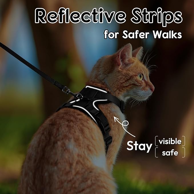 Dooradar Cat Harness and Leash Set, Escape Proof Safe Adjustable Kitten Vest Harnesses for Walking, Easy Control Soft Breathable Mesh Jacket with Reflective Strips for Cats, Black, XS