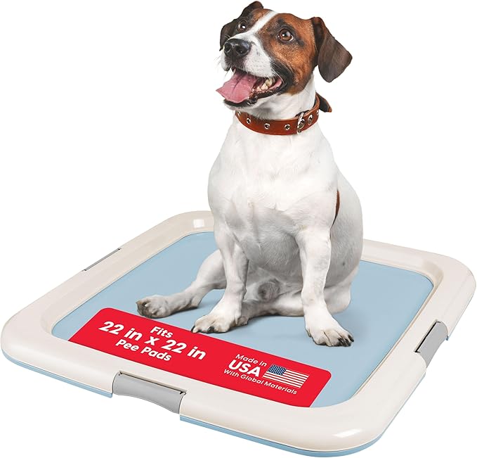 IRIS USA Pee Pad Holder - For Potty Training Regular Sized Dog & Puppy Pee Pads, Secured Latches, Non-Skid Feet, Leak Protection, Fits 22"x22" Pad or Larger, Square, Blue