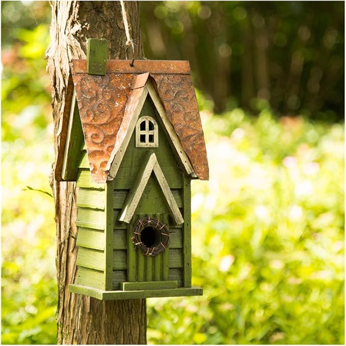 Glitzhome Bird Houses for Outdoors, Hand Painted Distressed Wooden Bird House Hanging Garden Birdhouse for Outside, Decorative Birdhouses for Bluebird Hummingbird Wren Finch Cardinals Cedar 12" H