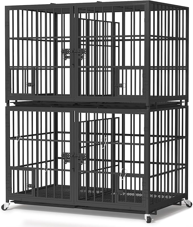 42 inch Stackable Heavy Duty Dog Crate with Open Top,Metal Double Dog Cage for 4 Dogs/Medium Dog,Dog Kennel Indoor with Wheels,Removable Trays, Divider
