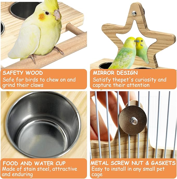 Tfwadmx Parrot Wooden Feeding Cups with Wooden Platform Stainless Steel Birds Bowls Food Water Bowls with Bird Food Holder for Cockatiel Conure Budgie Parakeet Macaw Lovebird