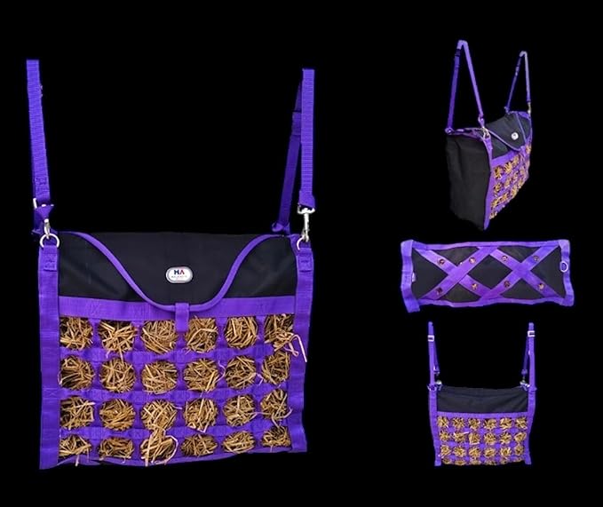 Majestic Ally Animal Health Hay Bag for Horses, 2.5" Holes, Top Load, Travel Feeder, Reduces Waste, 1 Year Warranty, Multiple Colors (Purple-Black)
