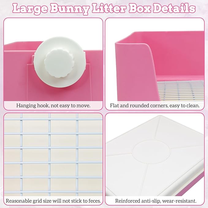 Fhiny Large Rabbit Litter Box for Cage, Plastic Guinea Pig Litter Pan with 6 PCS Disposable Pee Pads Potty Trainer Corner Toilet Box for Bunny Guinea Pigs Ferrets Chinchillas Small Animals (Pink)