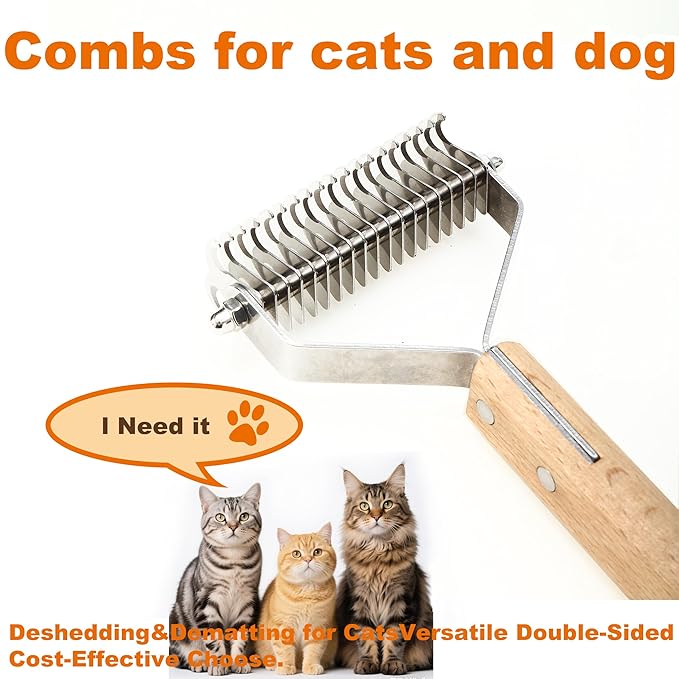 2-in-1Dematting & Deshedding Comb Undercoat Rake for Cats& Dogs,Detangling Matted Fur & Hair Remover Tool Pet Grooming Rake for Shedding and Dematting,Ergonomic beech wood handle (2 in 1)
