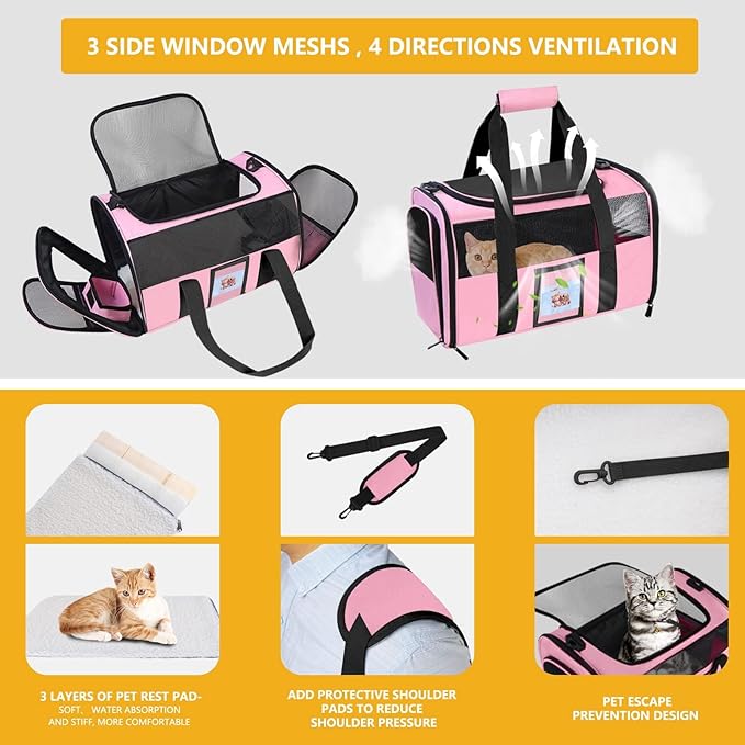 Cat Carriers Soft Side Carrier for Kitten Puppy Collapsible Travel Pet Carrier TSA Airline Approved Cat Carrier Bag for Under 15 lbs Pets, Pink