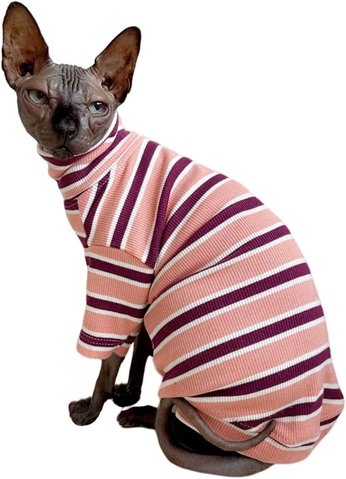 Turtle Neck Vintage Stripes Sphynx Hairless Cat Cotton T-Shirts Pet Clothes Vest Kitten Shirts Sleeveless, Cats & Small Dogs Apparel (Pink, S (3.3-5 lbs))