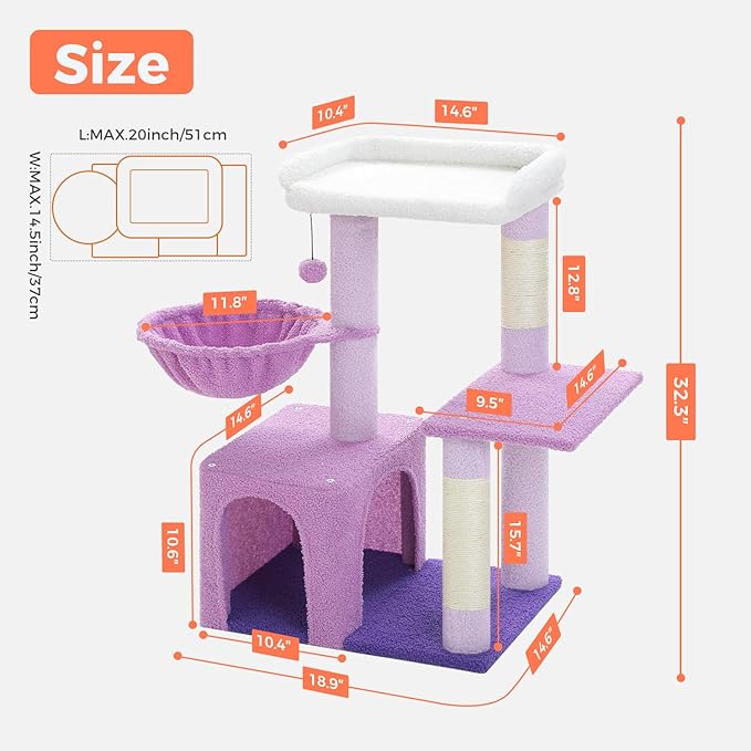 Cat Tree for Indoor Cats with Metal Frame Carpet Hammock, 32" Cute Cat Tower with Cozy Condo, Top Perch, Scratching Posts, and Replaceable Ball Toy, Pet Furniture for Small Cats & Kittens, Purple