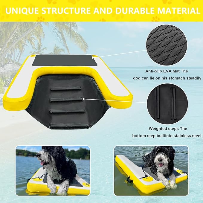 Dog Pool Ramp, Inflatable Dog Boat Ramp, Non-Slip EVA Inflatable Floating Dock Ladder for Pools Boats Docks, Safe & Easy Water Access for Large Dogs, Yellow