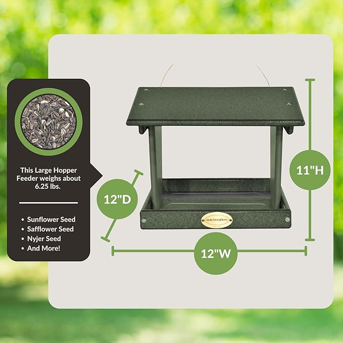 Plastic Hanging Hopper Bird Feeder, Large Bird Feeders for Outdoors, Suitable for Food, Seed, Mealworm (Large, Turf Green)