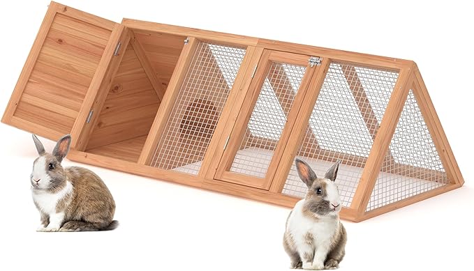 Rabbit Hutch, Small Chicken Coop Outdoor A-Frame Quail Cage with 2 Door & Run Cage Wooden Triangle Quail Hutch with Ventilating Wire Poultry Hutch for Small Animal (Wood)