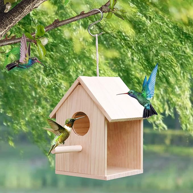 Large Bird House for Outside, Outdoor Wooden Birdhouse with Transparent Acrylic Window, Bird Nest Box with Pole for Garden Patio, Hanging Birdhouse for Sparrow Hummingbird Finch 5.7 × 5.7 × 8.7 Inches