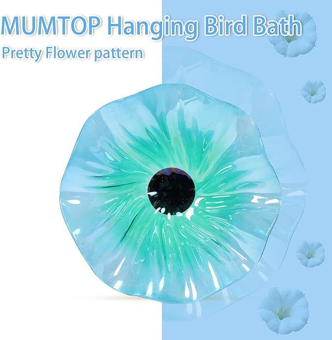 MUMTOP Hanging Bird Bath-Bird Baths for Outdoors - Flower Glass Bird Water Bowl with Hanging Circle, Bird Feeders for Outside, Garden, Lawn Yard Decor(Cyan)