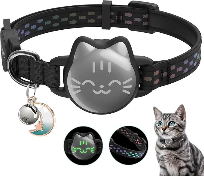 Waterproof Airtag Cat Collar, Breakaway Cat Airtag Collar with Luminous & Reflective Fish Pattern, Lightweight Kitten Collars for Apple Air tag, Hidden GPS Tracker Holder for Cats, Kittens(9-13")