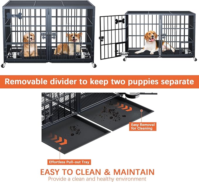 Dosker 42 inch Heavy Duty Metal Dog Crate with Divider for 2 Dogs/Large Dog, All Metal Open Top Escape Proof Cage, Indoor Dog Kennel with Wheels, Floor Grid, Tray, Feeding Bowl