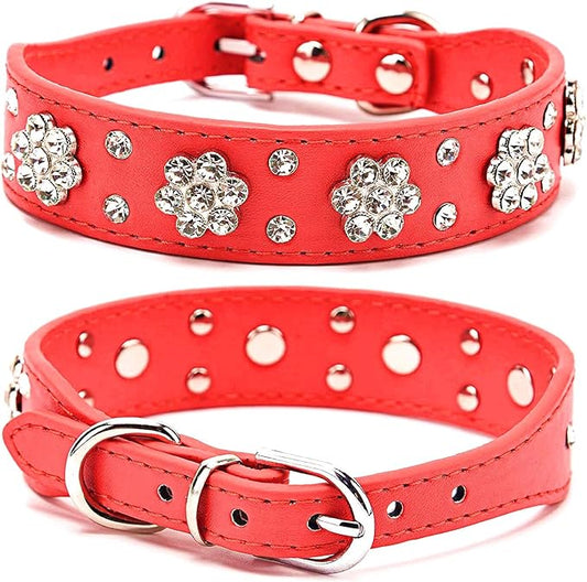 Rhinestone Dog Collar, Cute Flower Rhinestone Cat Dog Collar Bling Collar PU Leather Collar Adjustable Sizes Small Medium Large (XS, Red)