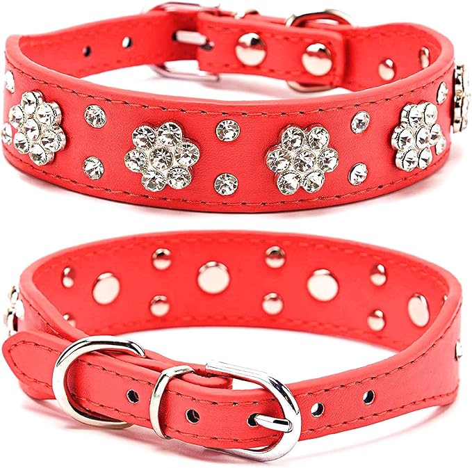 Rhinestone Dog Collar, Cute Flower Rhinestone Bling Collar PU Leather Adjustable Sizes Small Medium Large (S, Red)