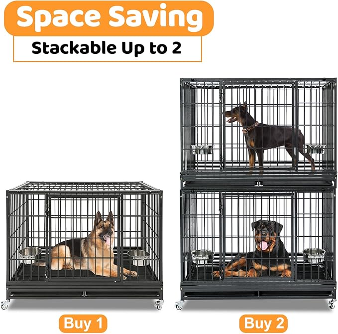 Homey Pet 48/43/37 Inch Heavy Duty Indestructible Dog Crate, Stackable Escape Proof Dog Cage Kennel Indoor with Two Trays, Metal Grids, Wheels, Bowls, Double Doors for High Anxiety Large Dogs