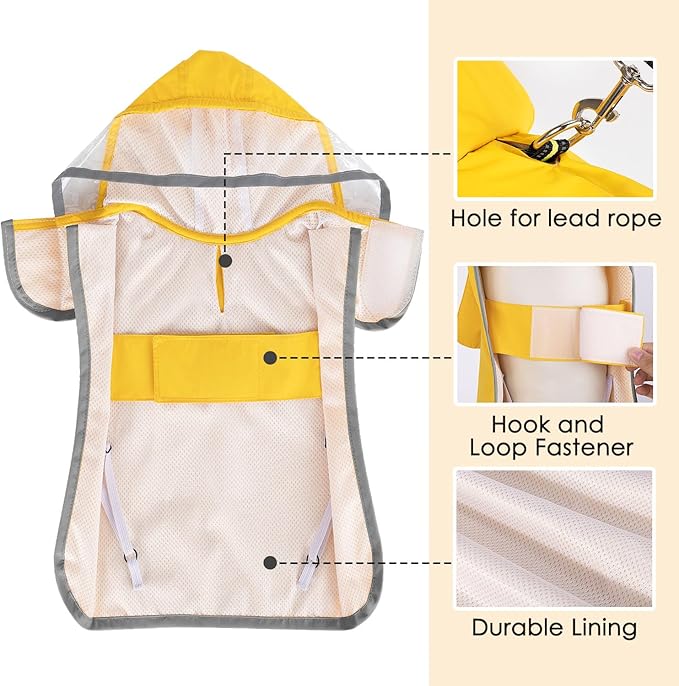 Lukovee Dog Raincoat, Adjustable Dog Rain Jacket with Clear Hooded Double Layer for Large Medium Small Dogs Puppies, Waterproof Rain Coat Poncho with Reflective Storage Pocket & Rim (Yellow, XXL)
