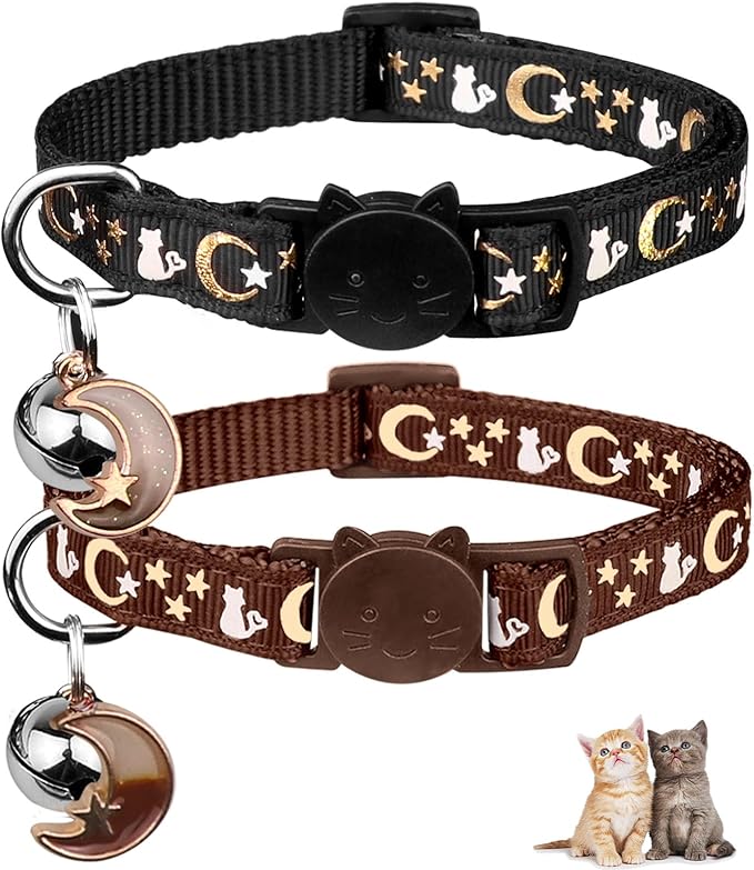 2PCS Breakaway Cat Collars with Bell Cute Kitty Glow in The Dark Adjustable Kitten Collars 7.9-13.0 Inch(Brown&Black)
