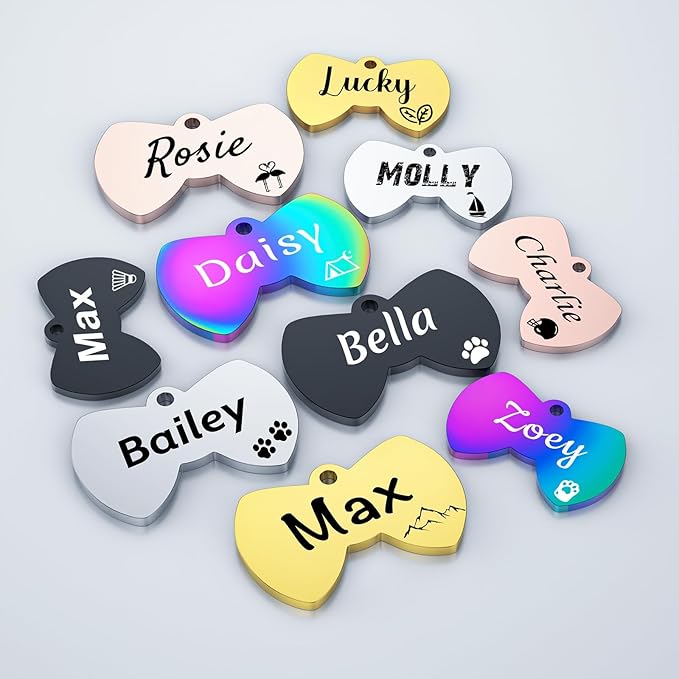 Dog Tags Engraved for Pets - YEHANTI Personalized Dog Tags with Lovely Icons, Durable Stainless Steel Pet ID Tags for Small Large Dogs Cats, Custom Dog Name Tags Engraved on Both Sides (Bow Tie)