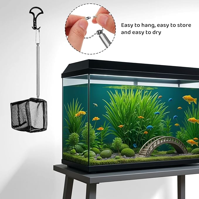 2 Pack 3 Inch Aquarium Net Small Fish Net Black Aquarium Shrimp Nets with Extendable Stainless Steel Handle Fine Tank Tool Mesh for Shrimp, Baby Fish, Food Residue Debris Skimming