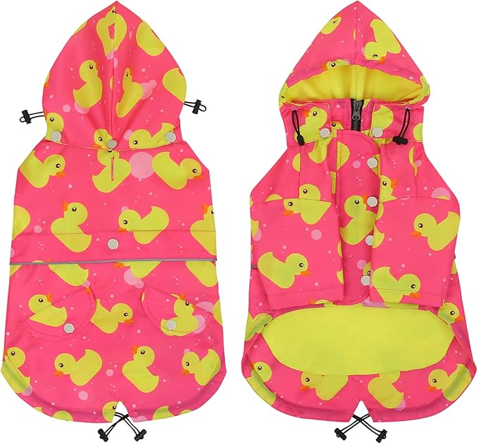 HDE Dog Raincoat Poncho Double Layer Zip Rain Jacket with Removable Hood, Leash Hole for Small to 3XL Dogs and Puppies Ducks Pink - XL