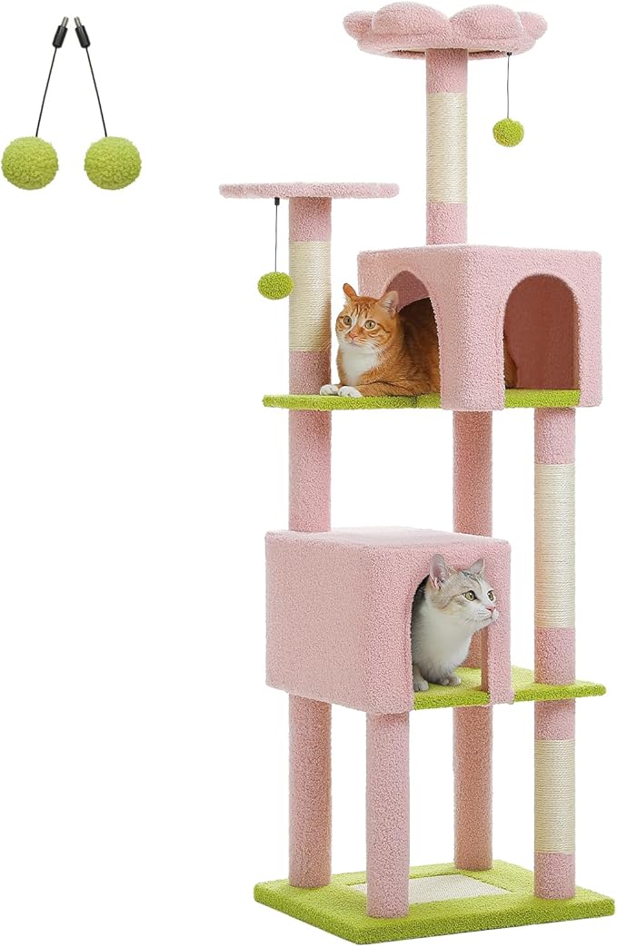 Flower Cat Tree, 62-Inch Large Cat Tower for Multi-Cat Households w/Scratching Posts, Multi-Level Cat Condo w/Cozy Top Perch & Scratching Pad, Padded Platform, 2 Pompoms, Pink