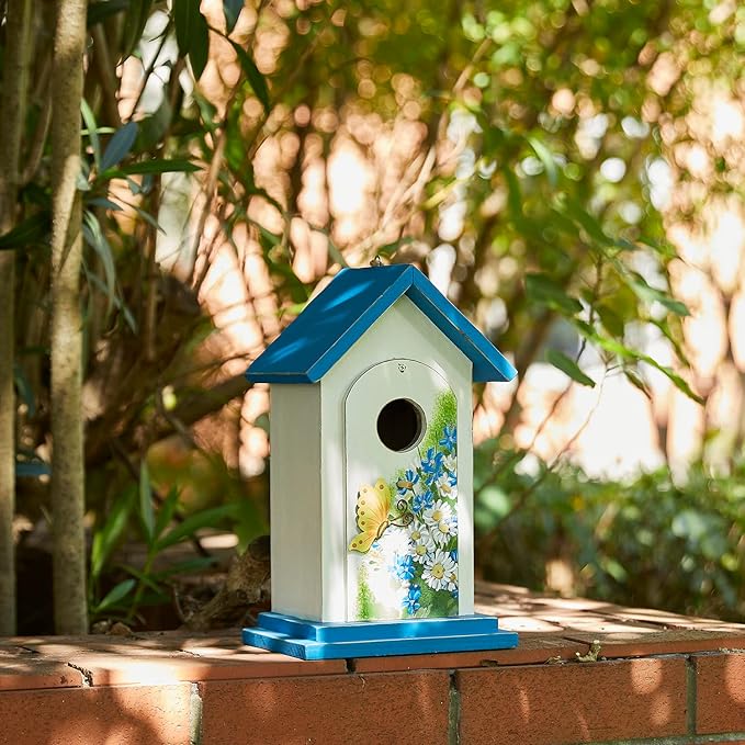 Glitzhome Bird Houses for Outside, 11.75" H Distressed Solid Wood Birdhouses Hummingbird House Daisy with Butterfly Garden Hanging Bird House for Outdoors