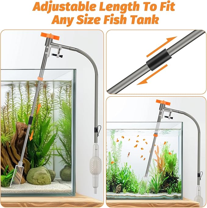 AQQA Aquarium Siphon Vacuum Cleaner Kit with 3 Replaceable Heads, Extra 2-in-1 Algae Scraper Cleaning Brush, Manually Siphon Ball Water Changer, Extendable Length to 31In for Fish Tank Cleaning (S)