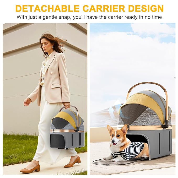 Dog Stroller with 4 Wheels, Folding Pet Stroller for Small, Medium Dogs and Cats up to 50lbs, Detachable Carrier, Storage Basket, Car Seat 3 in 1 Multifunctional (Grey)