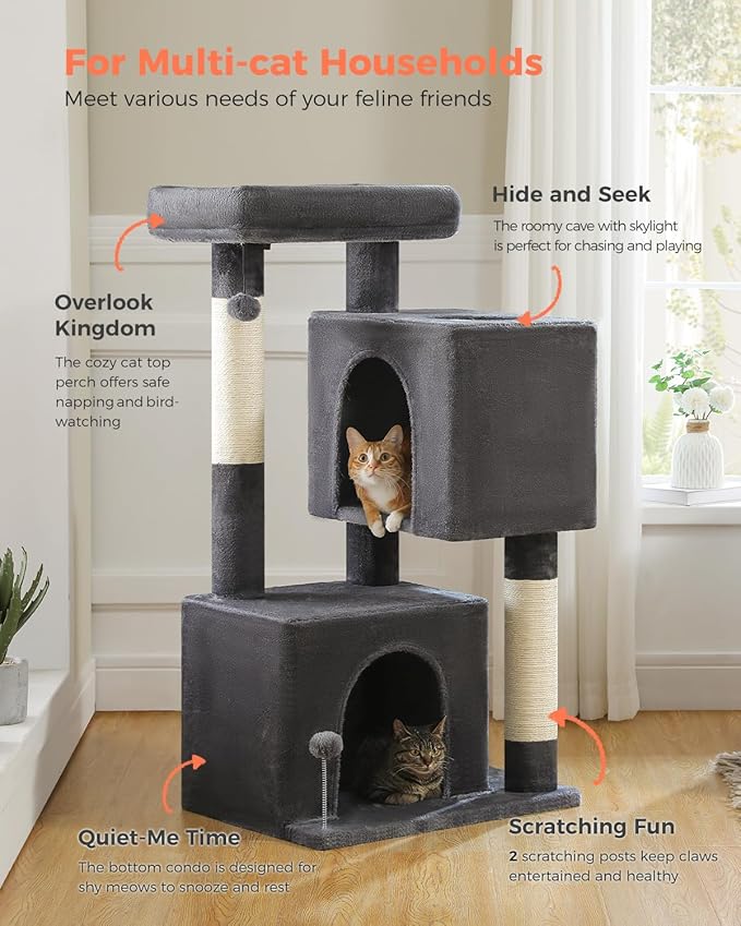 XL Cat Tower 44" Cat Tree for Large Cats 20 lbs+, 2 Spacious Condos with 3.4" Thickened Scratching Post, Large Top Perch, 2 Interactive Toys, Dark Grey