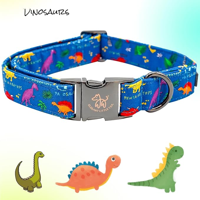 Elegant little tail Dog Collar, Blue Dinosaurs Pattern Pet Collar Durable Cute Dog Collars Male or Female Pet Gift Adjustable Dog Collar for X-Small Dogs