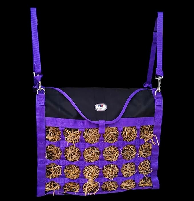 Majestic Ally Animal Health Hay Bag for Horses, 2.5" Holes, Top Load, Travel Feeder, Reduces Waste, 1 Year Warranty, Multiple Colors (Purple-Black)