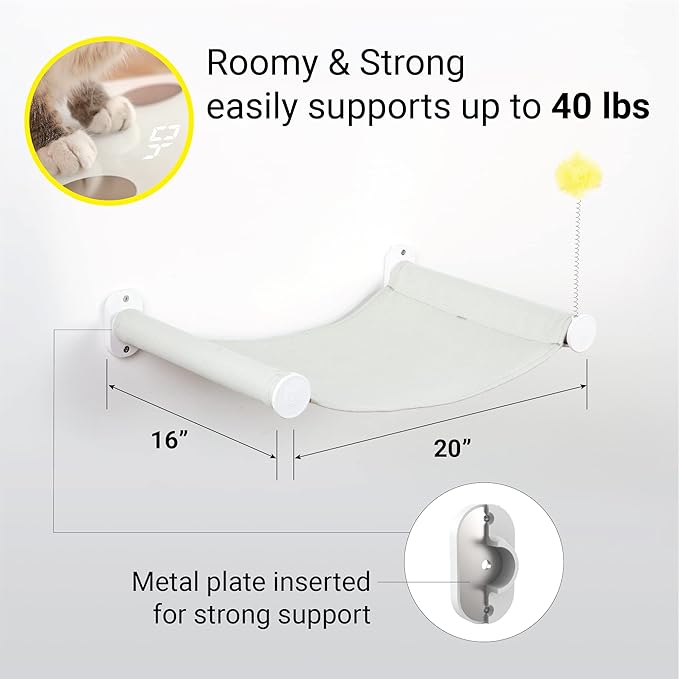 SVD.PET Wall Mounted Hammock with Cat Toy, Easy-to-Install Cat Wall Shelf with Soft Pad, Modern Design. Supports up to 40 lbs (Easy-Install, White)