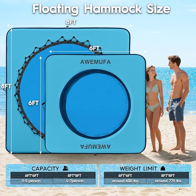 Inflatable Dock Floating Platform with Mesh, Heavy Duty Water Hammock Floats Floating Ring, Tanning Pool Hammock Inflatable Raft Mat Lake Floats for Adults Ocean
