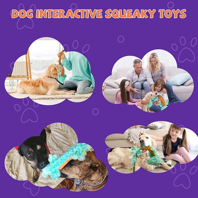 Crinkle Dog Toys Squeaky Plush No Stuffing Cute Puppy Stuffless Tough Rop Pull Toy, Fun Dog Stuffed Animals Durable Chew Set for Small Medium Large Pup (Large, Lizard)