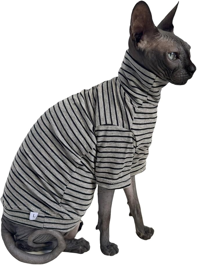 Vintage Stripes Sphynx Hairless Cats Shirt Cotton Cat Turtleneck Pet Clothes Kitten T-Shirts with Sleeves for Sphynx Cornish Rex, Devon Rex, Peterbald (Grey Stripe, Medium (Pack of 1))