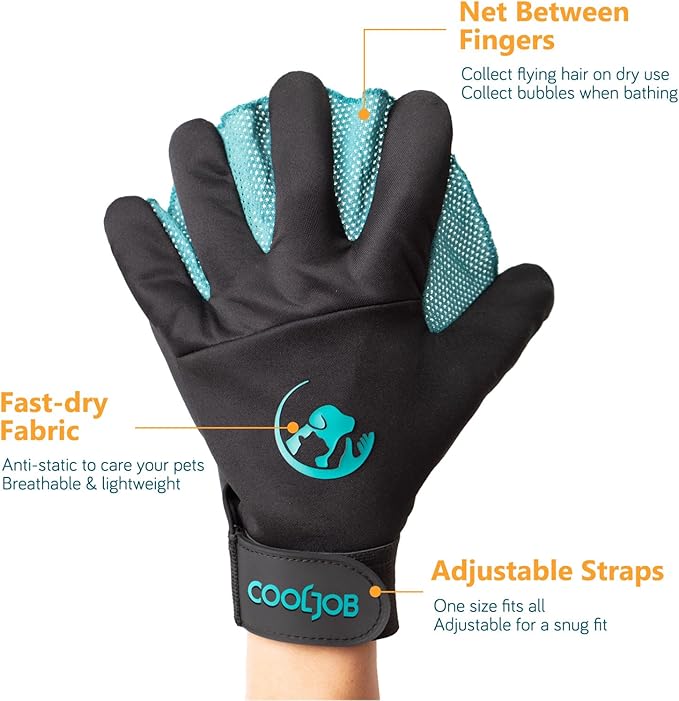 COOLJOB Patented Pet Grooming Gloves with Web, Reusable Washable Cleaning Brush Massage Hair Remover for Short Long Haired Dog Cat Horse Animal, Washing Bathing Shedding Supplies, Medium, Blue Black