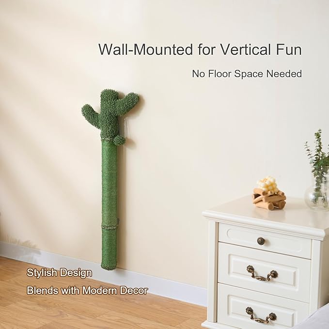 Wall Mounted Cat Scratcher – 35" Extra Tall Vertical Sisal Scratching Post with Cactus Design & Hanging Ball Toy, Space-Saving Cat Wall Climber for Indoor Cats, Green