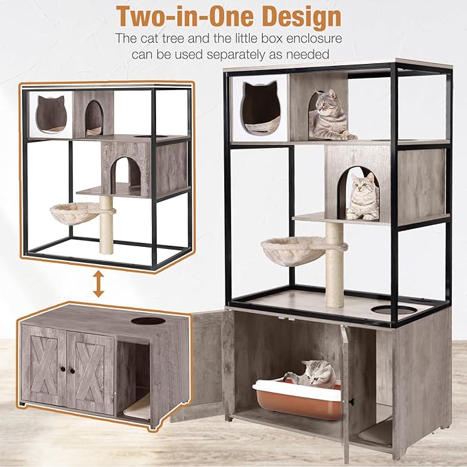 Cat Litter Box Enclosure, Wooden Cat Tree with Hidden Litter Box Enclosure, Indoor Cat House with Condo, Hammock Scratching Mat and Storage Shelves (Grey, Large)
