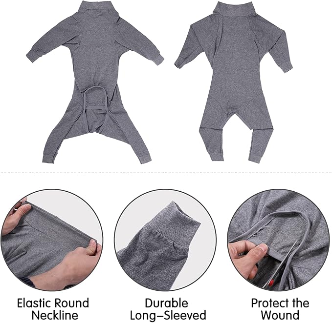 Dog Recovery Suit Abdominal Wound After Surgery Wear Prevent Licking Wounds E-Collar & Cone Alternatives Postoperative Shirt Dog Pajamas Long Sleeve Prevent Shedding (Small, Grey)