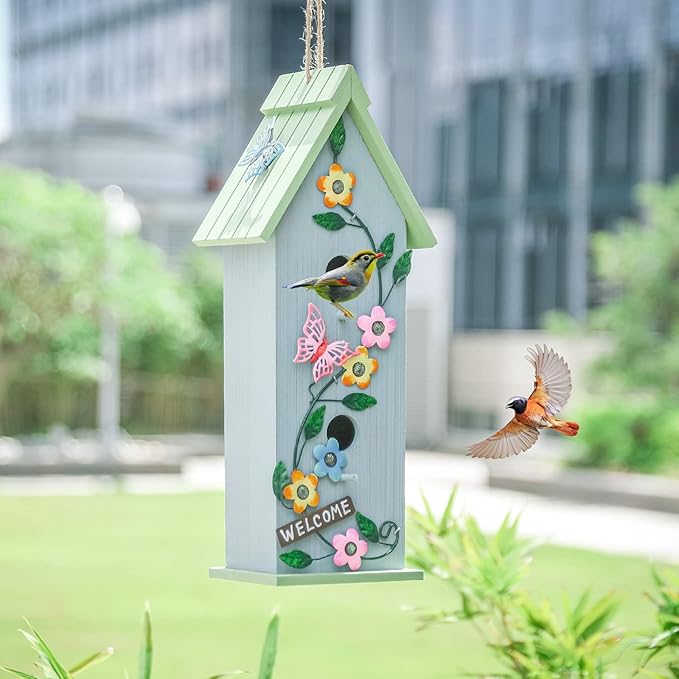 Yinns Hanging Birdhouse for Outdoor, Garden Decorative Wooden Bird House, Colorful Flower Two-Tiered for Hummingbird Small Bird