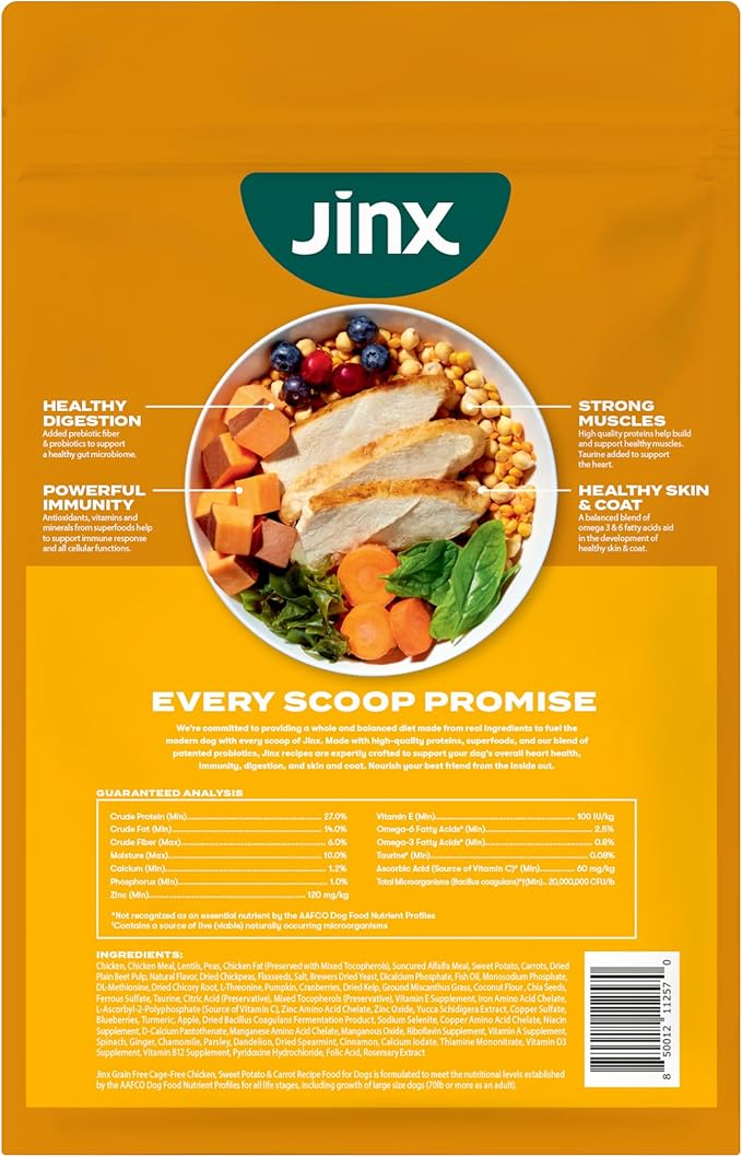 Jinx Premium Grain-Free Dry Dog Food, for All Lifestages - Real Chicken, Sweet Potato & Carrot Kibble with Superfoods for Immune Support & Probiotics for Digestive Support - No Fillers -30lb